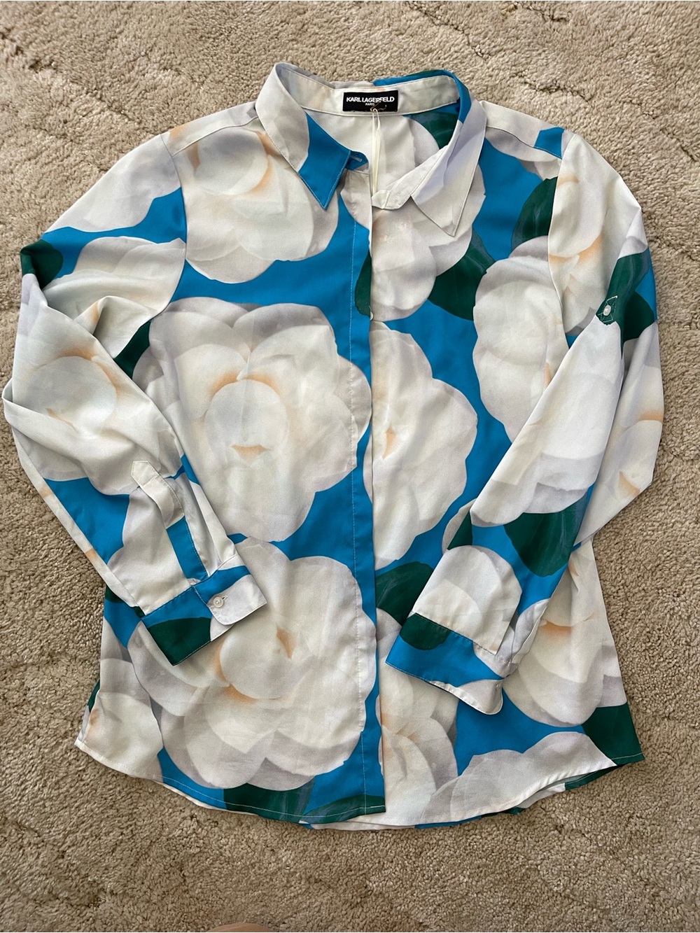 Karl Lagerfeld Blue Floral Button-Down Shirt with White Blooms